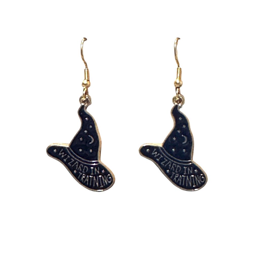 Halloween Enamel Black Witch Wizard Hat Gold Earrings #2256 - Picture 6 of 6